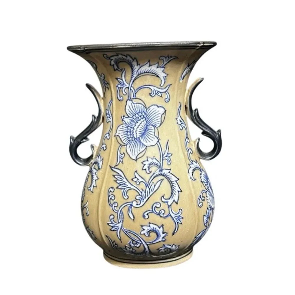 Vintage Formalities By Bauym Bros. Stoneware Vase Medium Blue Tan Floral Ceramic